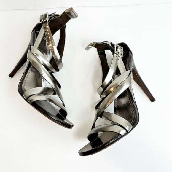 TORY BURCH METALLIC PEWTER STRAPPY HEELED SANDALS SIZE 10 - Picture 4 of 8